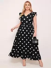 SHEIN Plus Size Polka Dot V-Neck Ruffled Dress