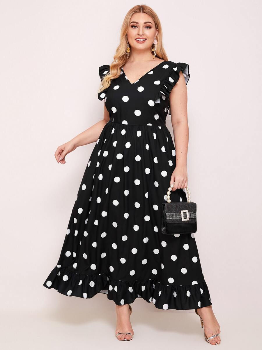 SHEIN Plus Size Polka Dot V-Neck Ruffled Dress