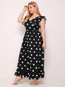 SHEIN Plus Size Polka Dot V-Neck Ruffled Dress