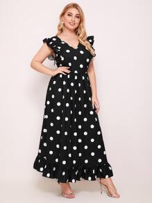 SHEIN Plus Size Polka Dot V-Neck Ruffled Dress