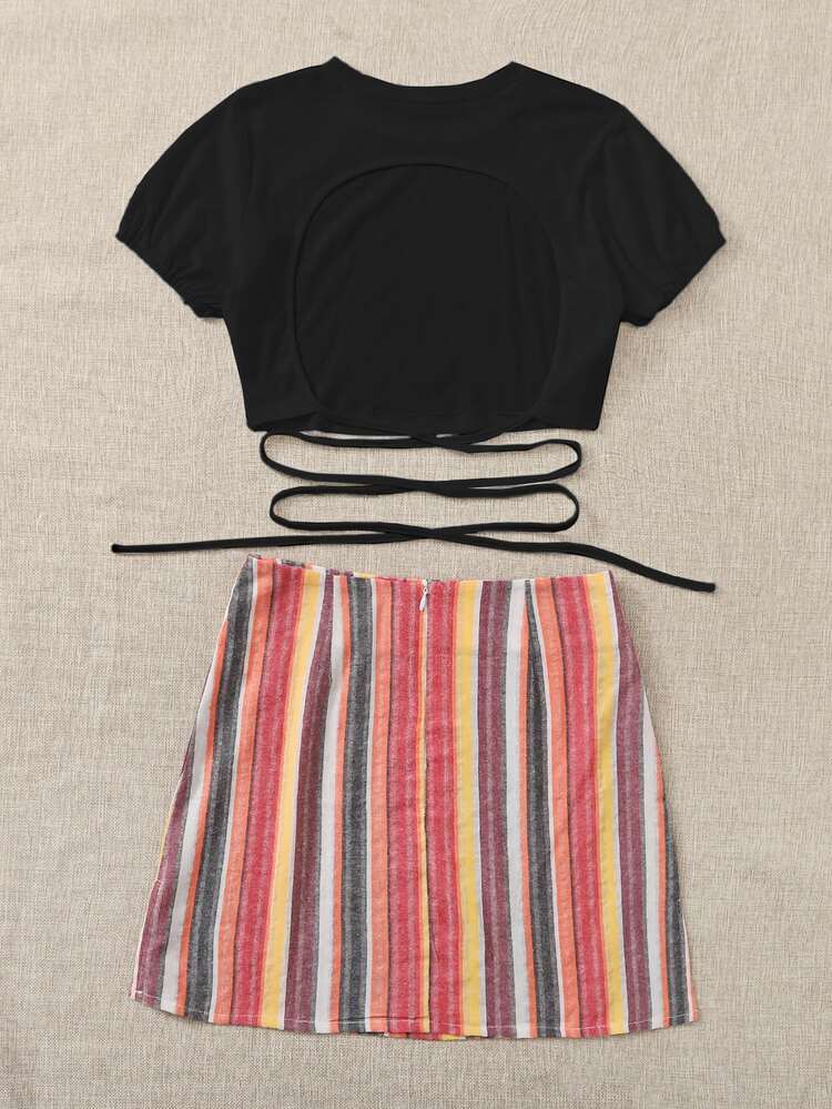 Criss Cross Tie Front Tee With Striped Skirt - Multicolor - View 2