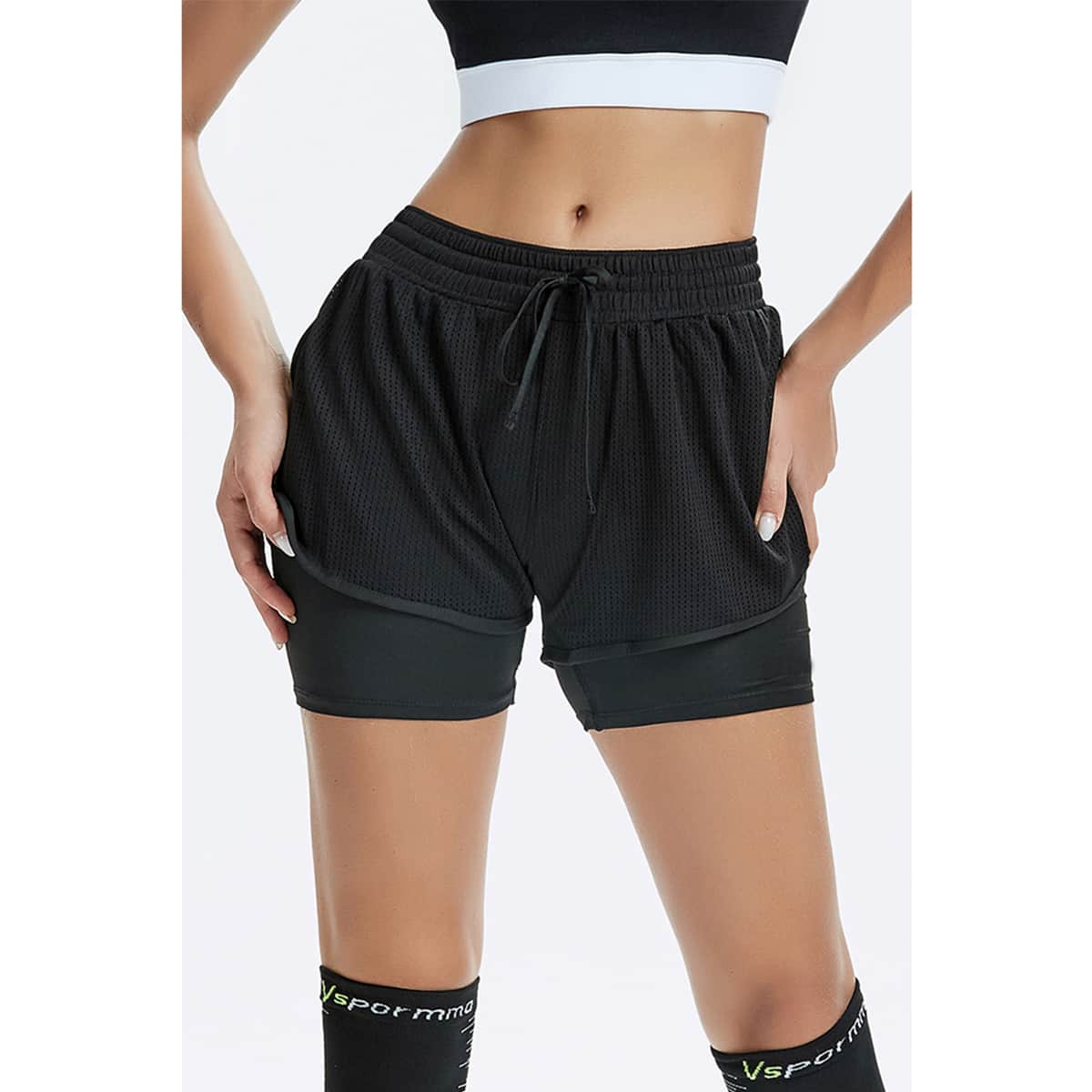 

Seomiscky Drawstring Waist Dolphin Hem 2 In 1 Sports Shorts, Black