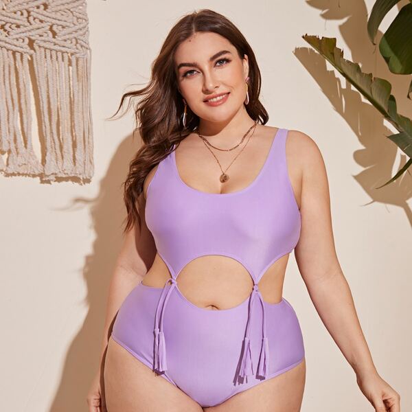 

Plus Cut-out Tassel Knot One Piece Swimsuit, Pastel lilac purple