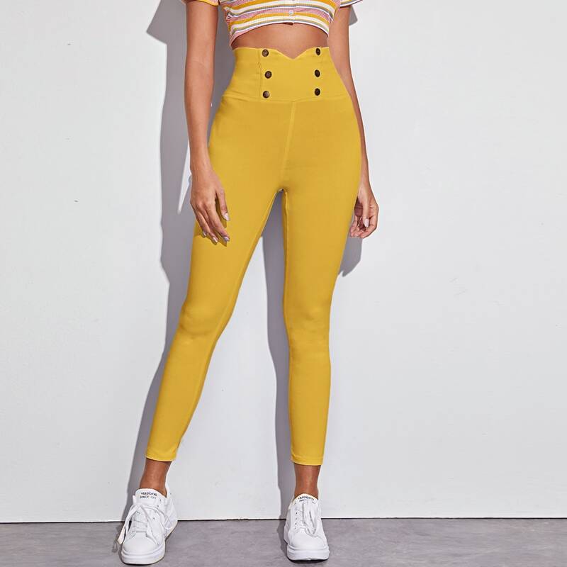

V-cut Double Button Wideband Waist Skinny Jeans, Yellow