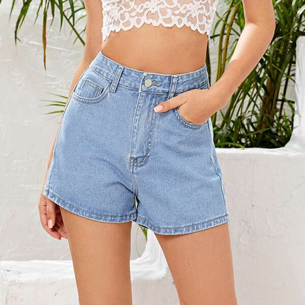 

Slant Pocket Denim Shorts, Light wash