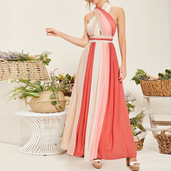 

Cross Wrap Halter Backless Maxi Dress, Multicolor