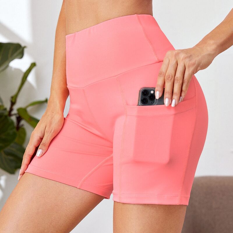 

Solid Wide Waistband Sports Shorts With Phone Pocket, Coral pink