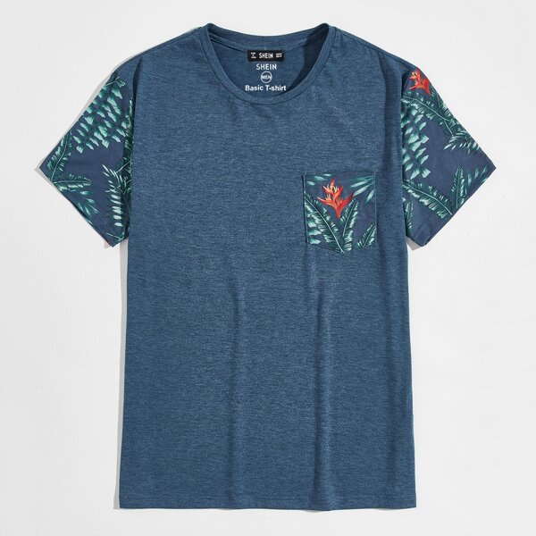 

Men Tropical Print Pocket Patched Tee, Dusty blue