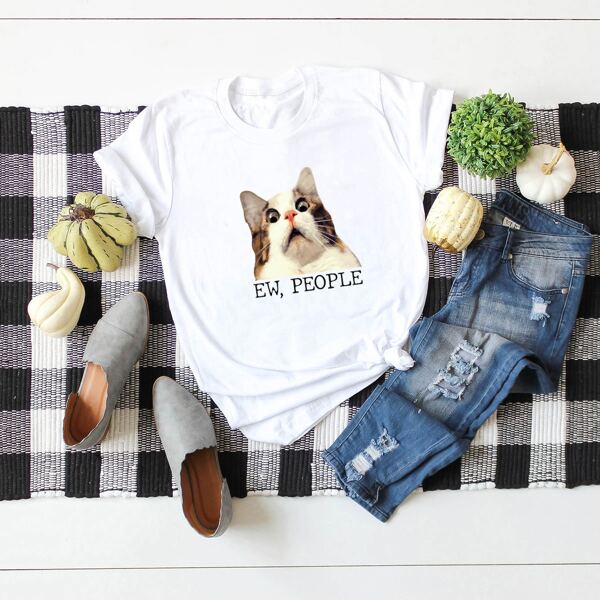 

Cat And Letter Graphic Tee, White