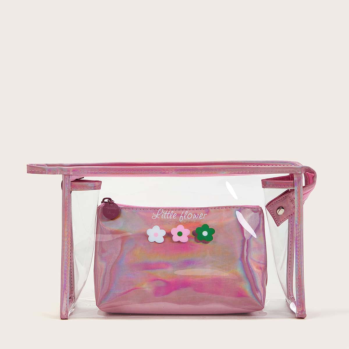 

1pc Flower Print Clear Makeup Bag With 1pc Inner Pouch, Purple