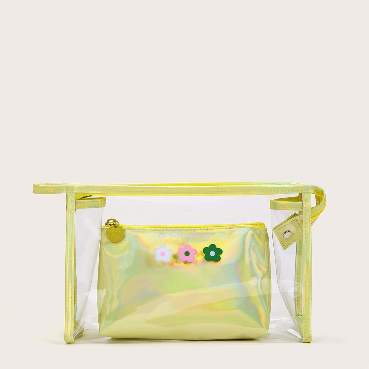 

1pc Flower Print Clear Makeup Bag With 1pc Inner Pouch, Yellow