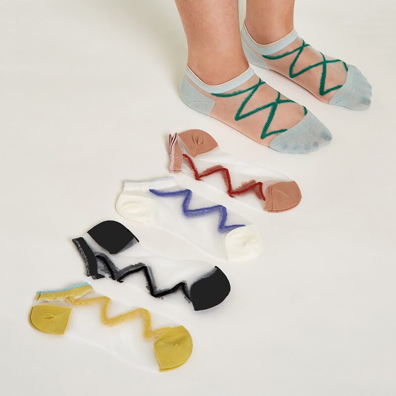 

5pairs Chevron Pattern Contrast Mesh Socks, Multicolor