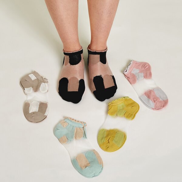 

5pairs Color Block Contrast Mesh Socks, Multicolor