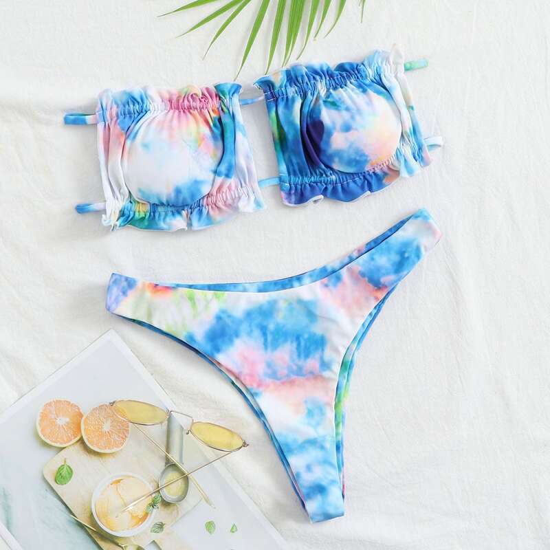 

Tie Dye Ruched Frill Bandeau Bikini Swimsuit, Multicolor