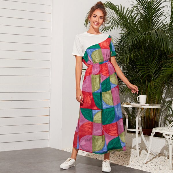 

Color-block Elastic Waist Dress, Multicolor