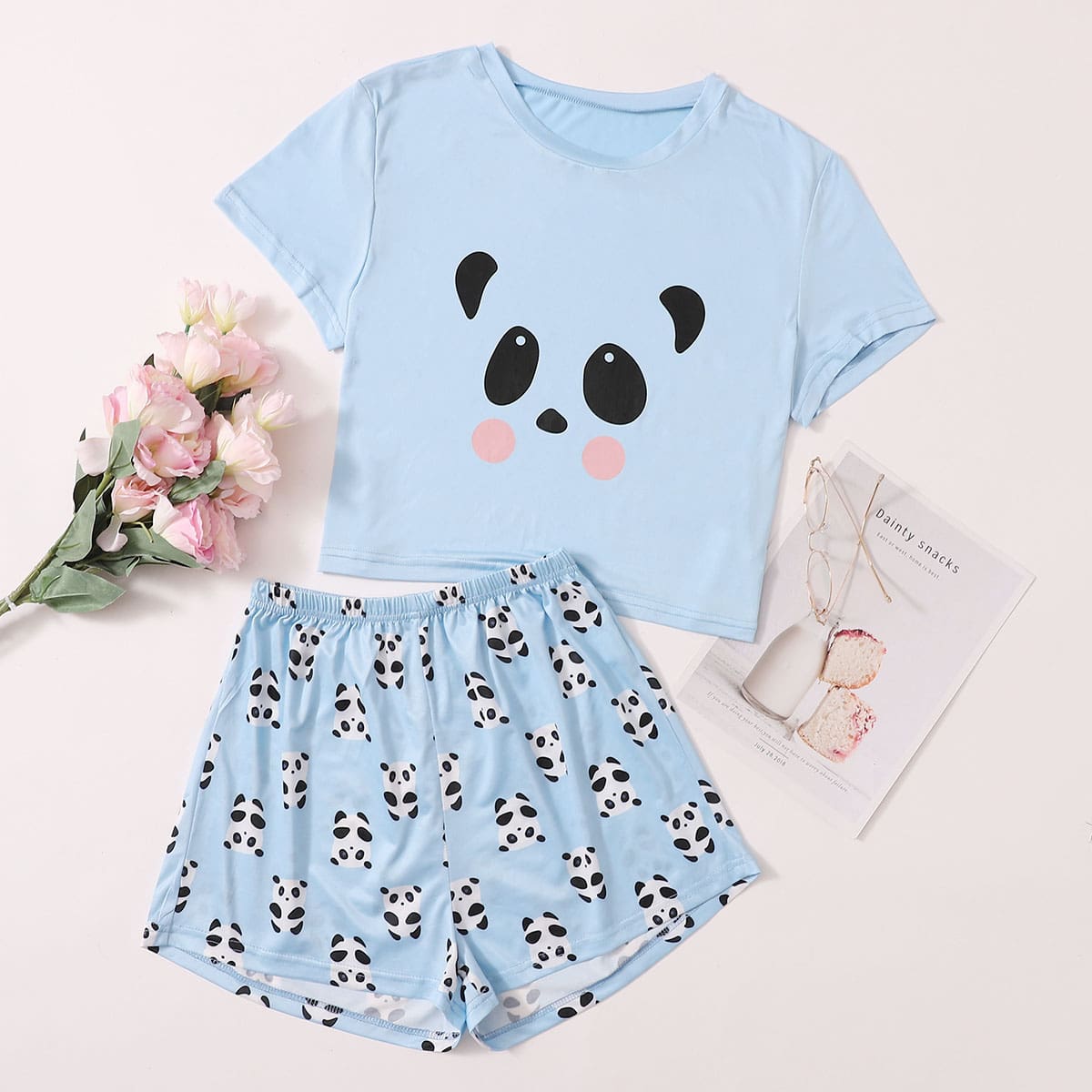 

Cartoon Panda Print PJ Set, Baby blue