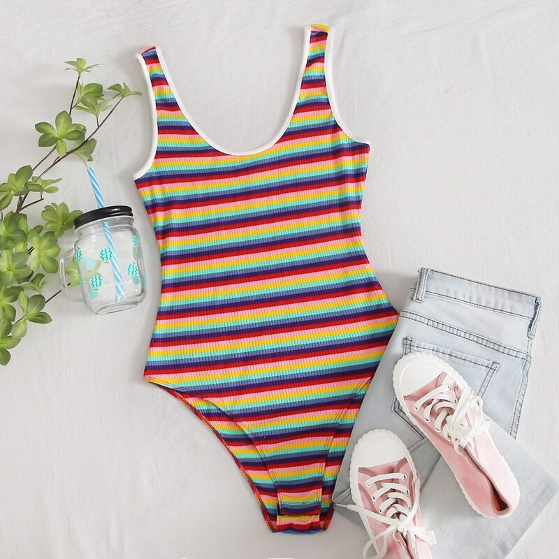

Rainbow Striped Rib-knit Tank Bodysuit, Multicolor