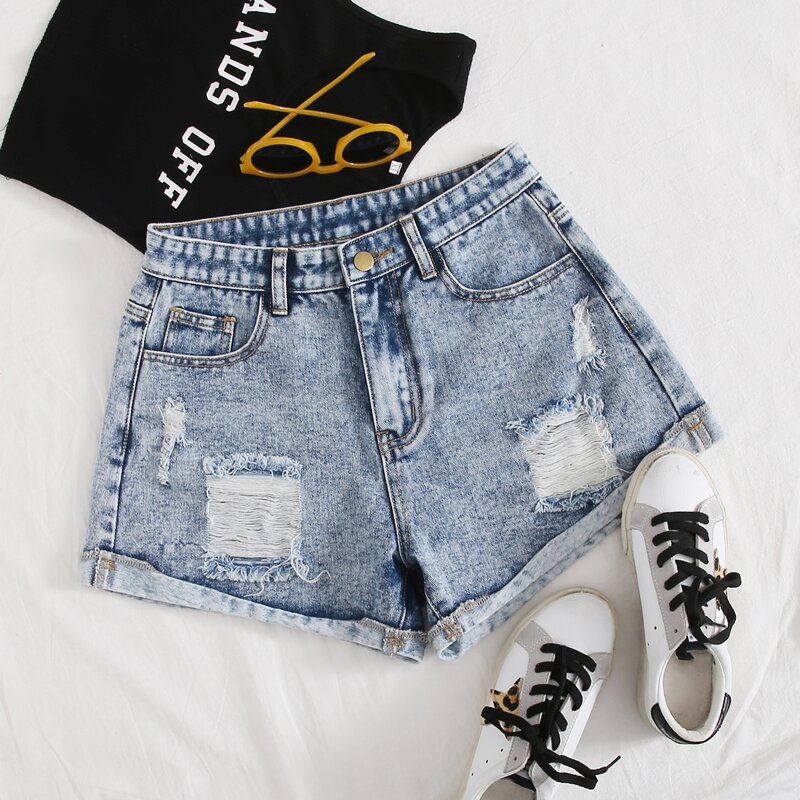 

Roll Hem Ripped Denim Shorts, Light wash