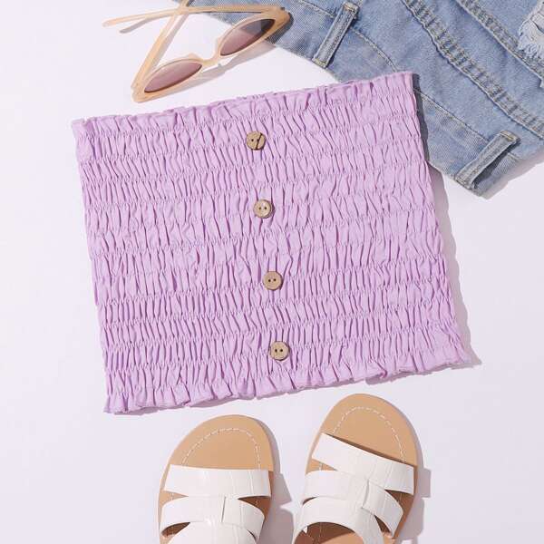 

Shirred Button Front Tube Top, Lilac purple