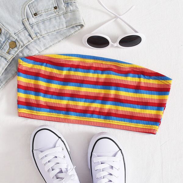 

Colorful Striped Rib-knit Tube Top, Multicolor