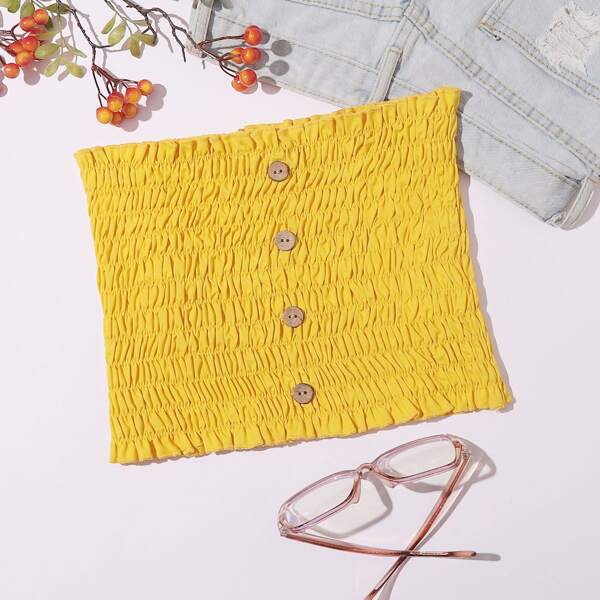 

Shirred Button Front Tube Top, Yellow