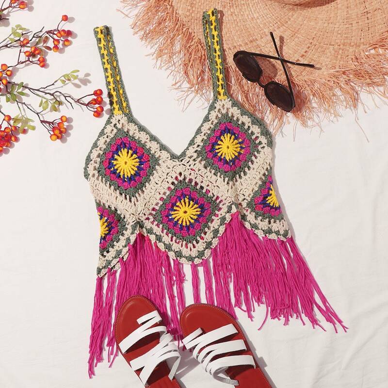 

Asymmetrical Fringe Hem Tie Back Crochet Cover Up Top, Multicolor