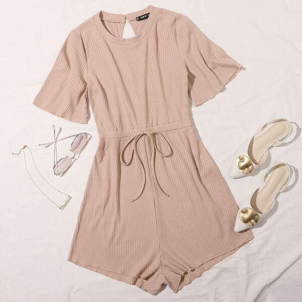 

Keyhole Back Tie Front Romper, Apricot