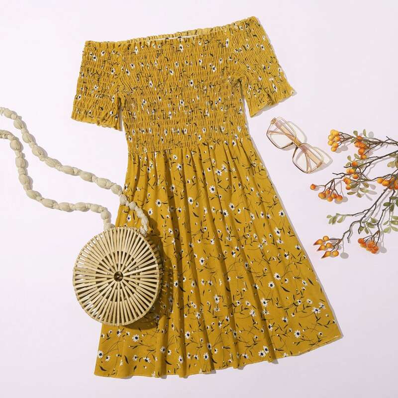 

Shirred Bodice Ditsy Floral Dress, Mustard yellow