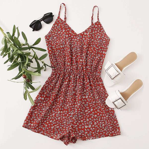 

Ditsy Floral Cami Romper, Burgundy
