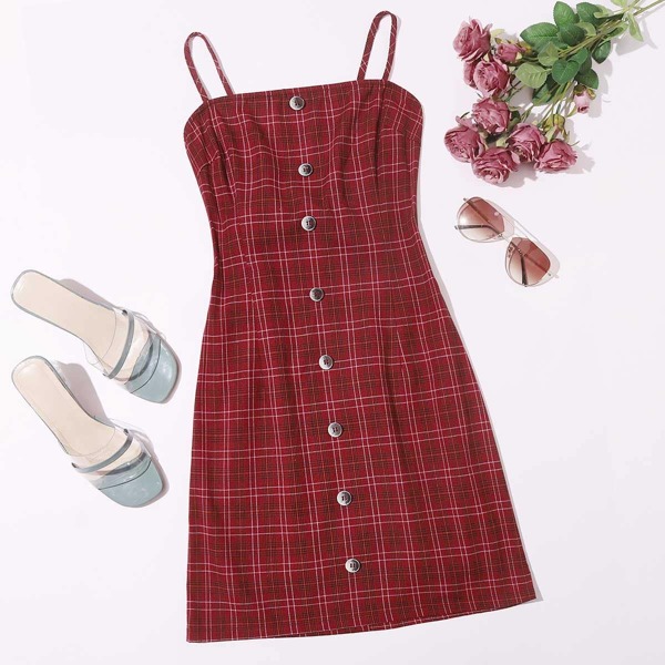 

Plaid Button Front Tie Back Cami Dress, Burgundy