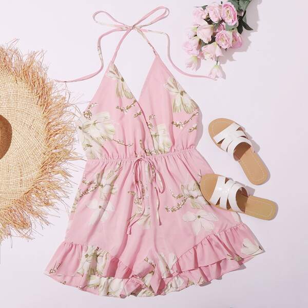 

Floral Print Tie Back Halter Jumpsuit, Baby pink