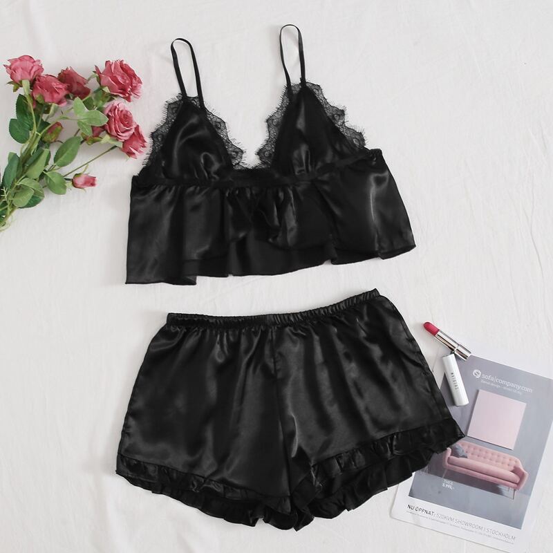

Contrast Eyelash Lace Satin Cami PJ Set, Black