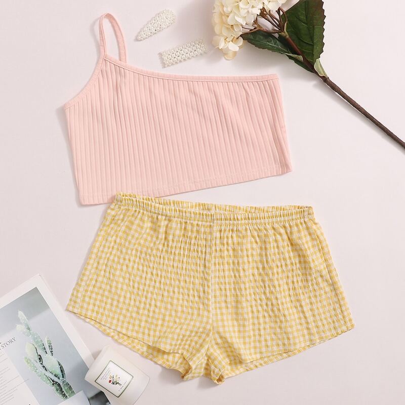 

Ribbed Asymmetrical Neck Top & Gingham Shorts PJ Set, Multicolor