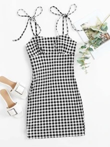 SHEIN Knotted Strap Plaid Bodycon Dress - Black and White - View 1