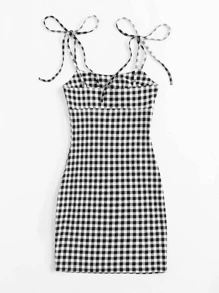 SHEIN Knotted Strap Plaid Bodycon Dress - Black and White - View 2