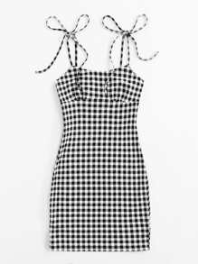 SHEIN Knotted Strap Plaid Bodycon Dress - Black and White - View 3