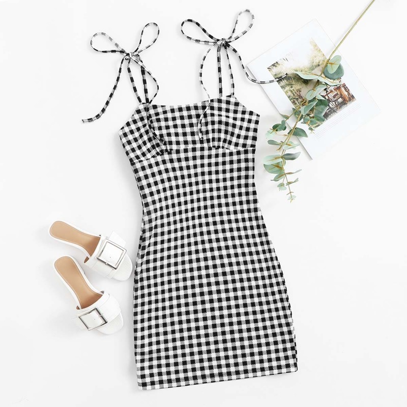 

Knotted Strap Plaid Bodycon Dress, Black and white