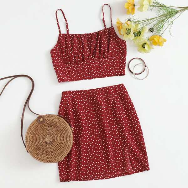 

Heart Print Ruched Bust Cami Top & Split Hem Skirt Set, Burgundy