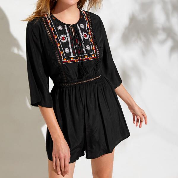 

Tassel Tie Embroidered Yoke Lace Insert Romper, Black
