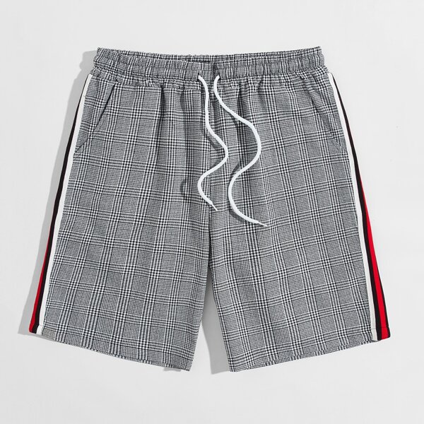 

Men Side Striped Drawstring Waist Houndstooth Shorts, Grey