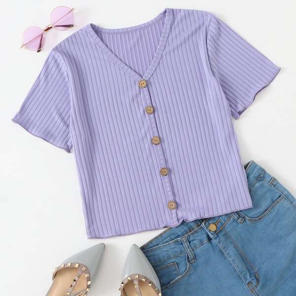 

Solid Button Front Ribbed Crop Tee, Lilac purple