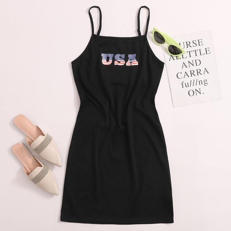 

Stars And Stripes Letter Graphic Cami Dress, Black