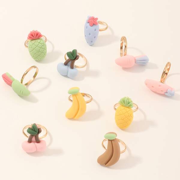 

10pcs Girls Fruit Decor Ring, Gold