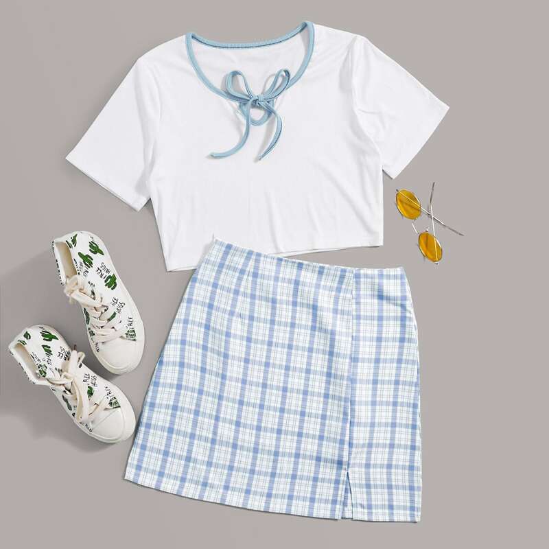 

Tie Neck Tee & Plaid Skirt, Multicolor