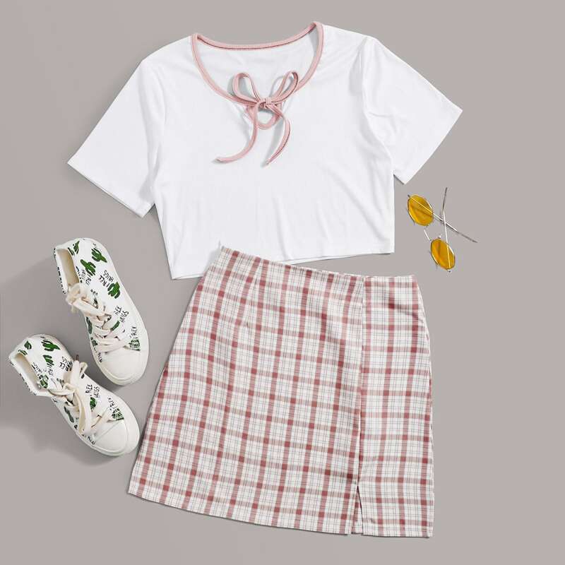 

Tie Neck Tee & Plaid Skirt, Multicolor