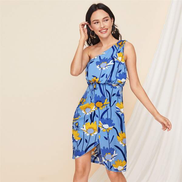 

One Shoulder Asymmetrical Hem Floral Dress, Blue