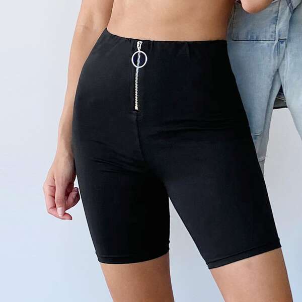 

O-ring Zip Front Biker Shorts, Black