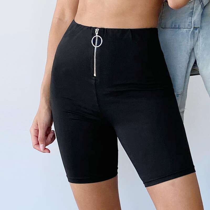 

O-ring Zip Front Biker Shorts, Black