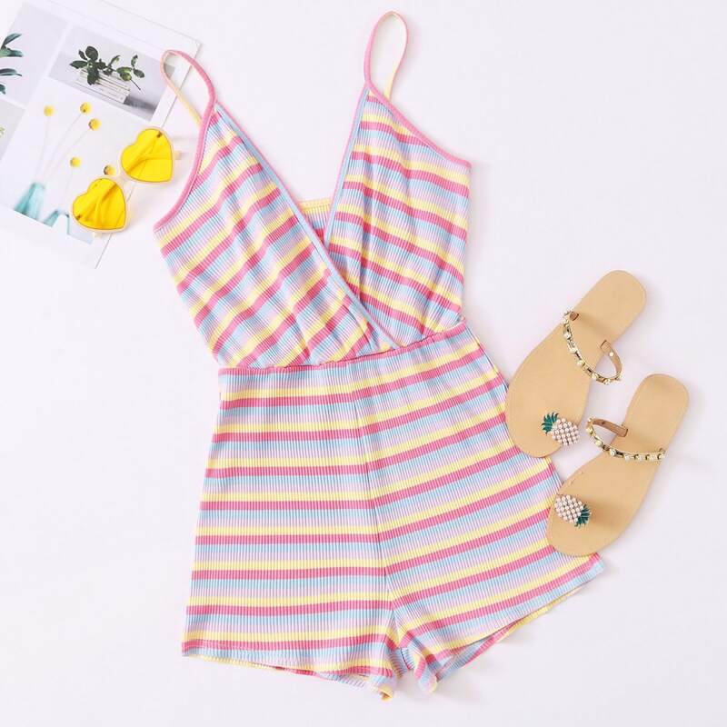 

Striped Wrap Cami Romper, Multicolor