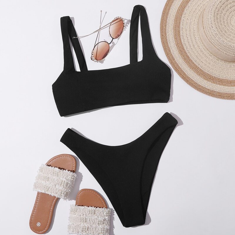 

Rib High Cut Bikini Swimsuit, Black